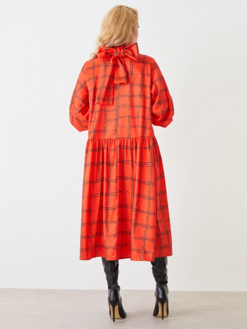 Lantern Sleeve Turtleneck Plaid Elegant Midi Mekko