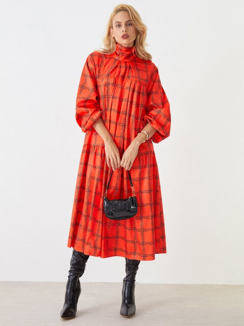 Lantern Sleeve Turtleneck Plaid Elegant Midi Mekko