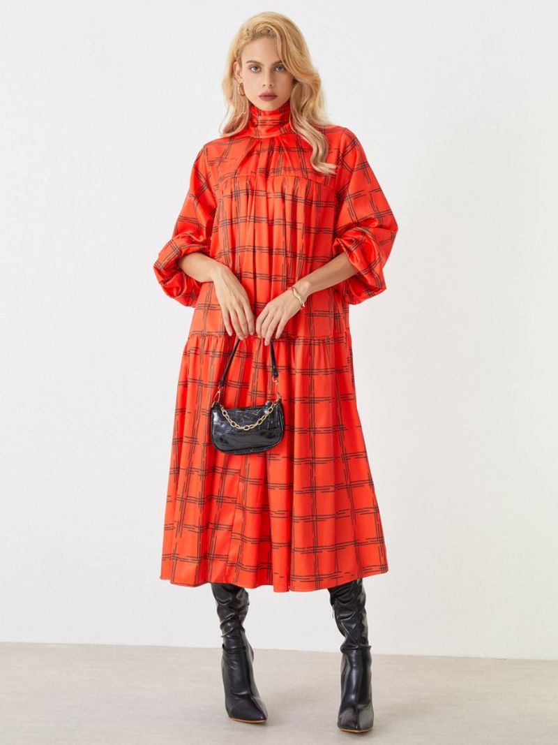 Lantern Sleeve Turtleneck Plaid Elegant Midi Mekko