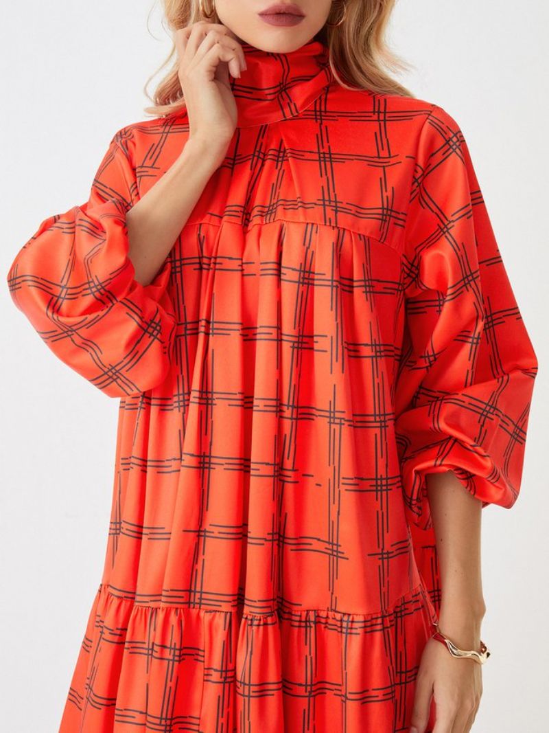 Lantern Sleeve Turtleneck Plaid Elegant Midi Mekko