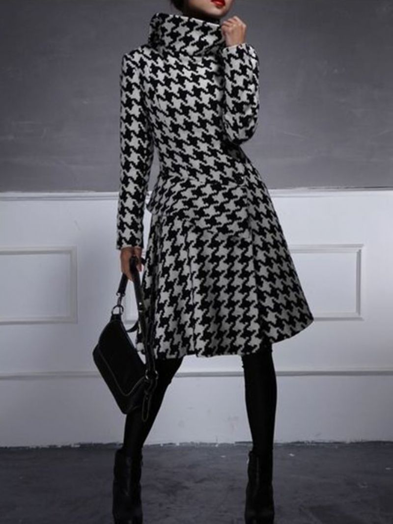 Turtleneck Houndstooth Pitkähihainen Work Midi Mekko