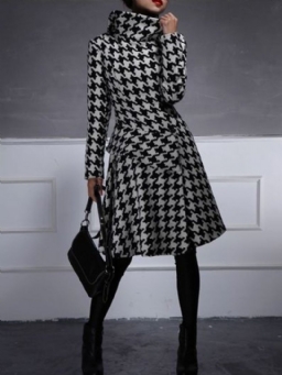 Turtleneck Houndstooth Pitkähihainen Work Midi Mekko