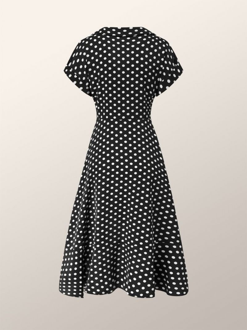 Tyylikäs Polka Dots Lapel Date Lyhythihainen Mekko