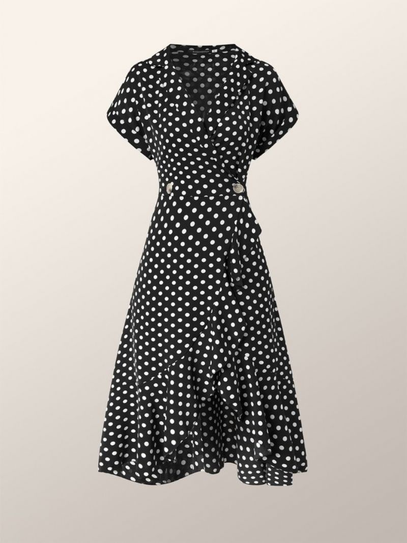 Tyylikäs Polka Dots Lapel Date Lyhythihainen Mekko