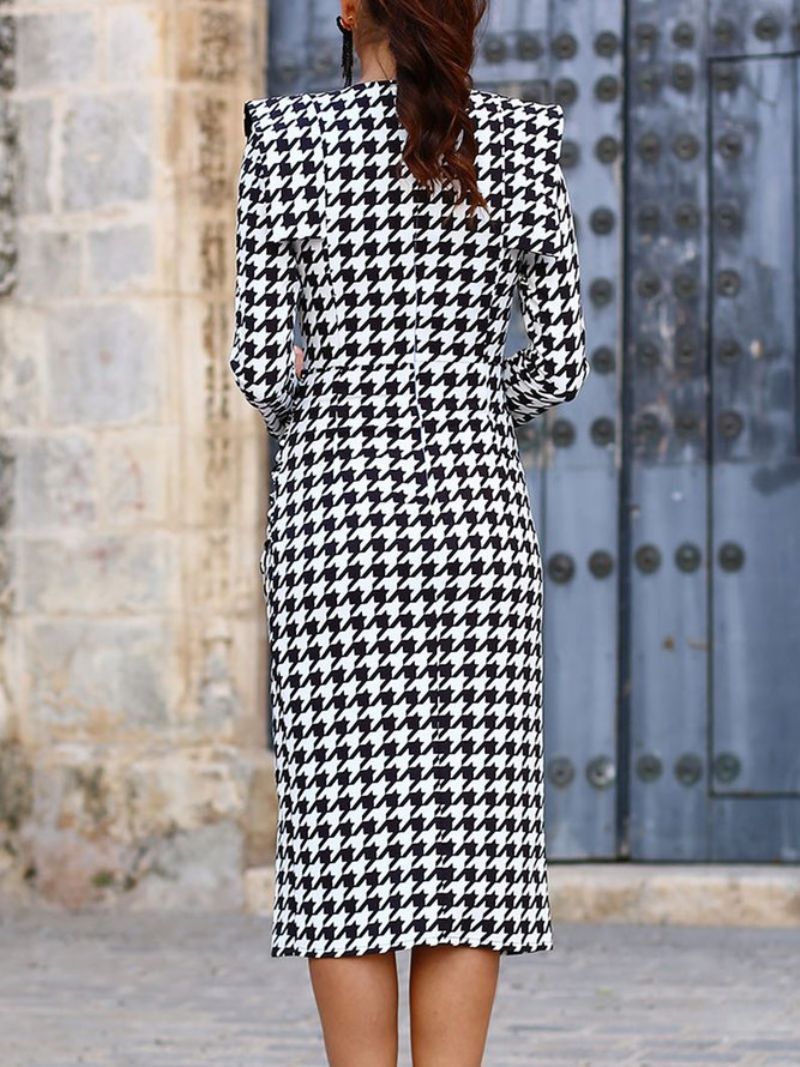 V-Kaula-Aukkoinen Tyylikäs Houndstooth Regular Fit Mekko