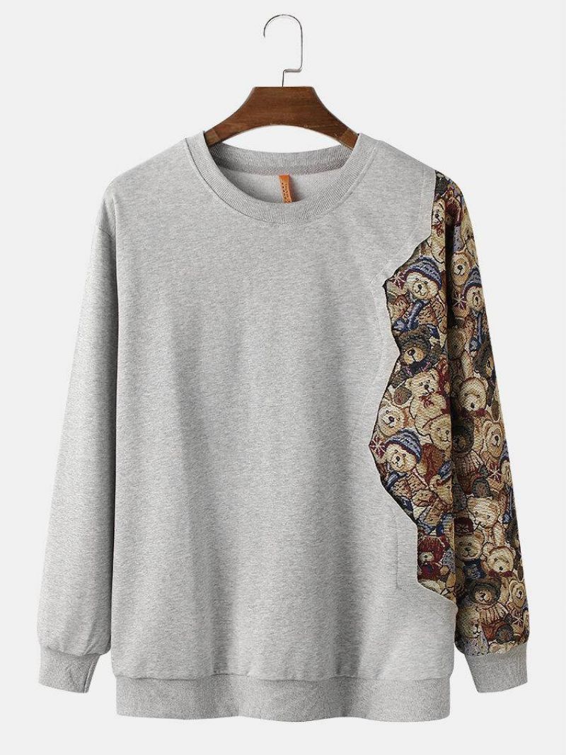 Miesten Sarjakuvakarhukuvioiset Patchwork Crew Neck Puuvillapuserot