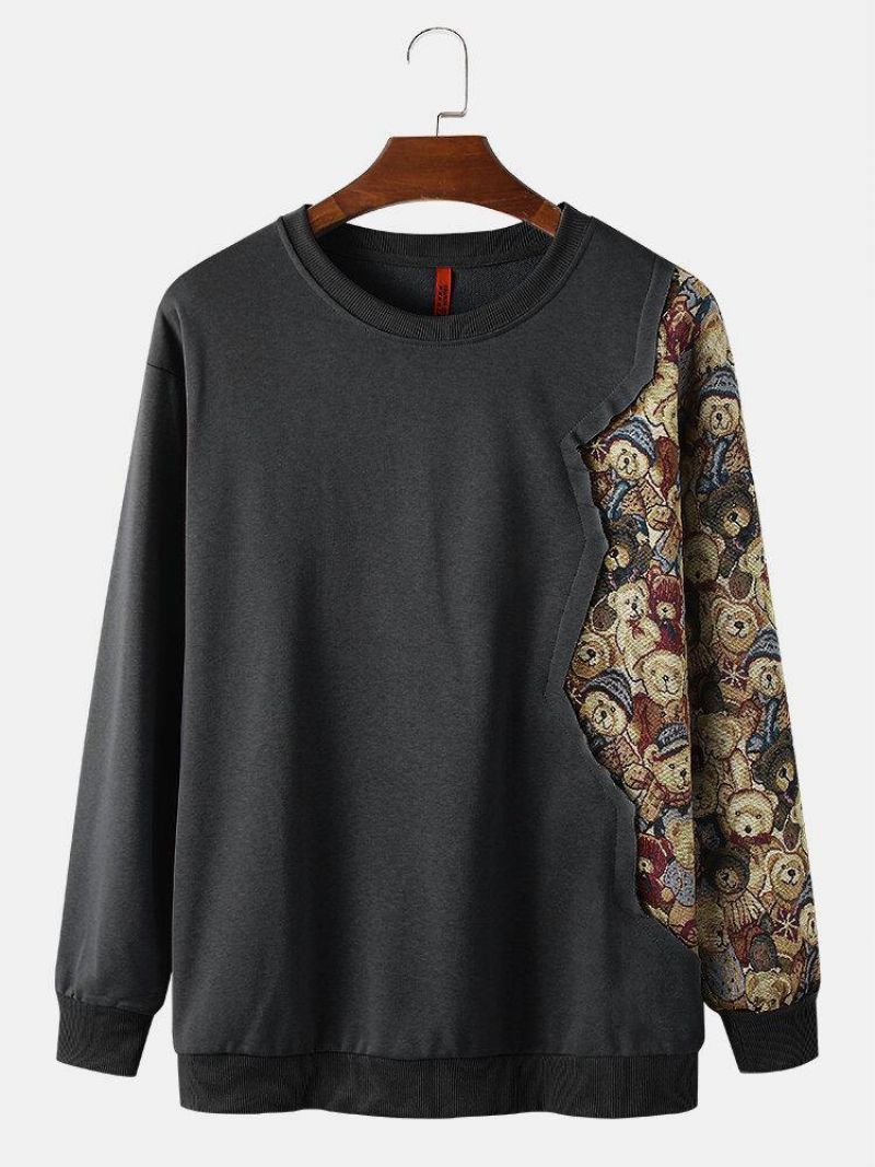 Miesten Sarjakuvakarhukuvioiset Patchwork Crew Neck Puuvillapuserot