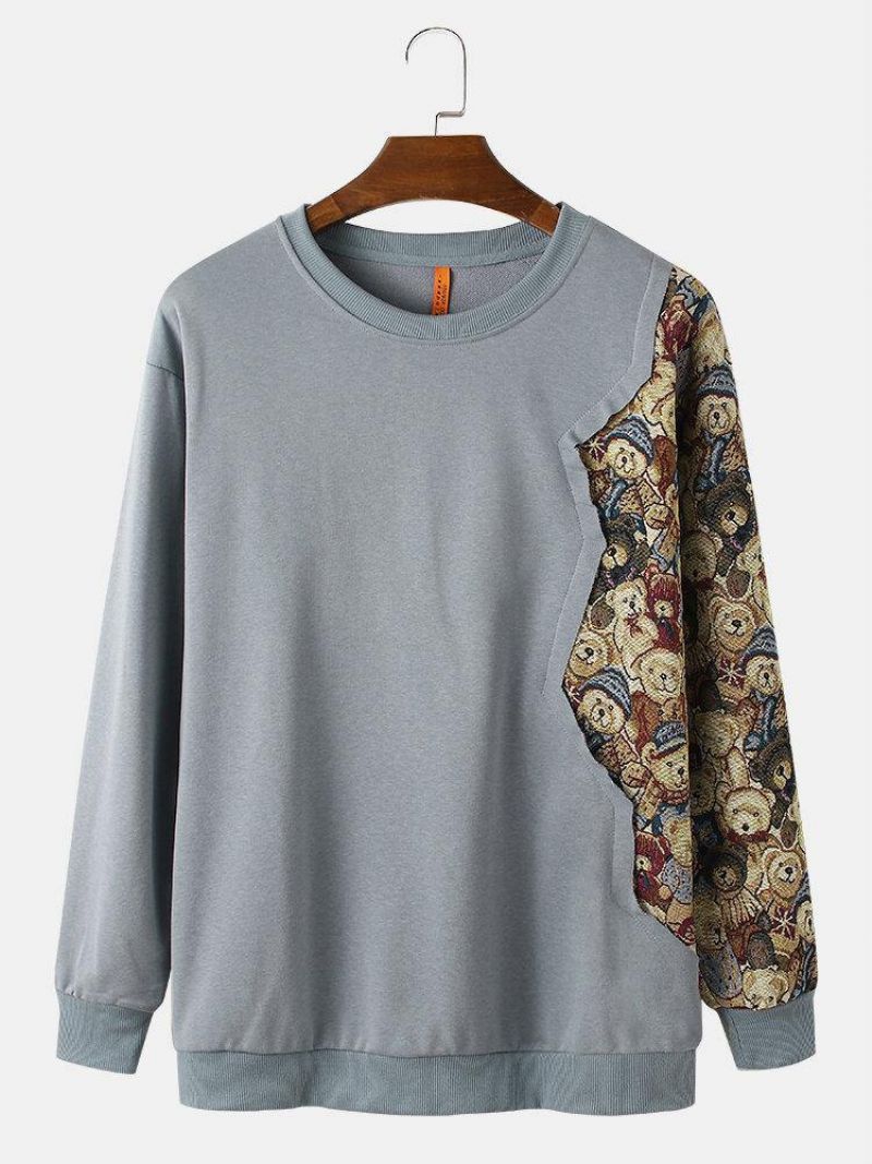 Miesten Sarjakuvakarhukuvioiset Patchwork Crew Neck Puuvillapuserot