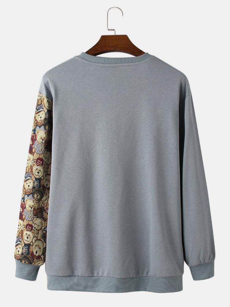 Miesten Sarjakuvakarhukuvioiset Patchwork Crew Neck Puuvillapuserot