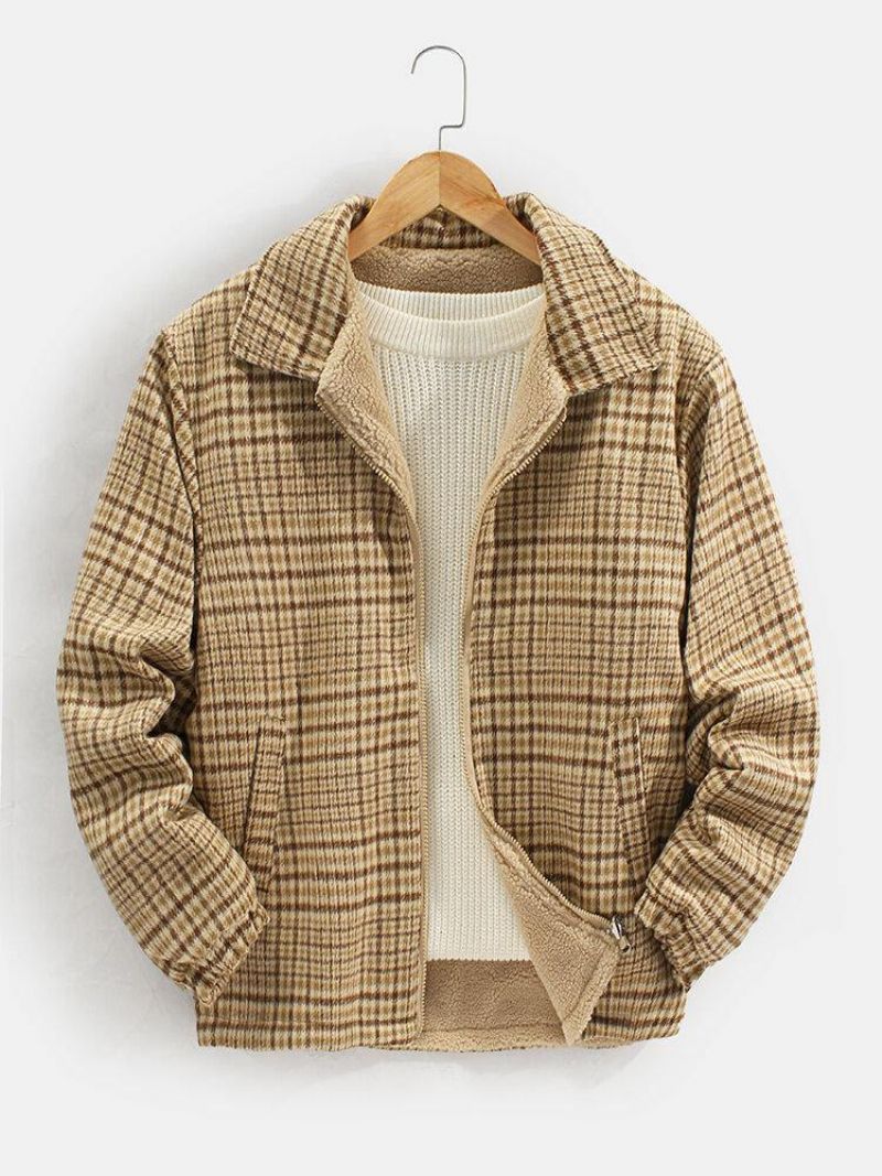 Miesten Plaid Bear Letter Brodeerattu Käänne Käännettävä Fleece-Takki