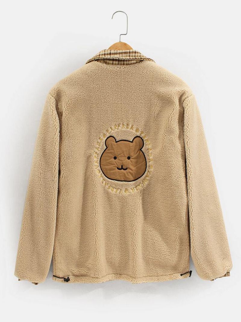 Miesten Plaid Bear Letter Brodeerattu Käänne Käännettävä Fleece-Takki