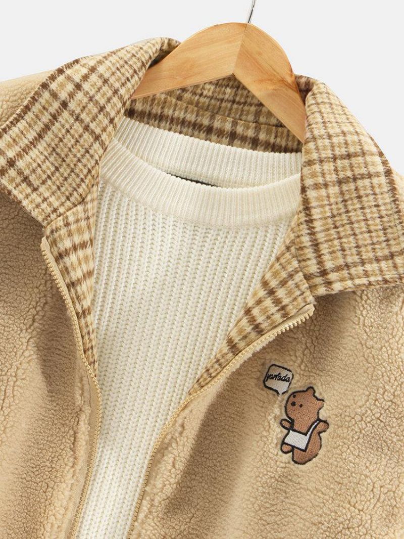 Miesten Plaid Bear Letter Brodeerattu Käänne Käännettävä Fleece-Takki