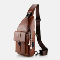 Miesten Aito Nahka Usb-Lataus Retro Casual Lehmännahkainen Rintalaukku Sling Bag Crossbody Laukku