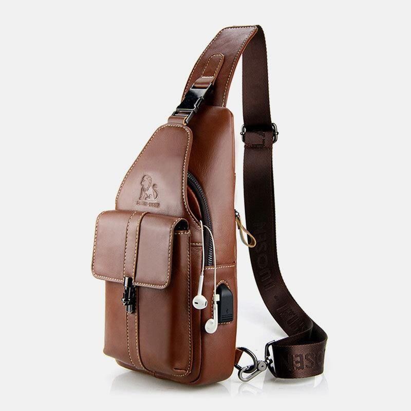 Miesten Aito Nahka Usb-Lataus Retro Casual Lehmännahkainen Rintalaukku Sling Bag Crossbody Laukku