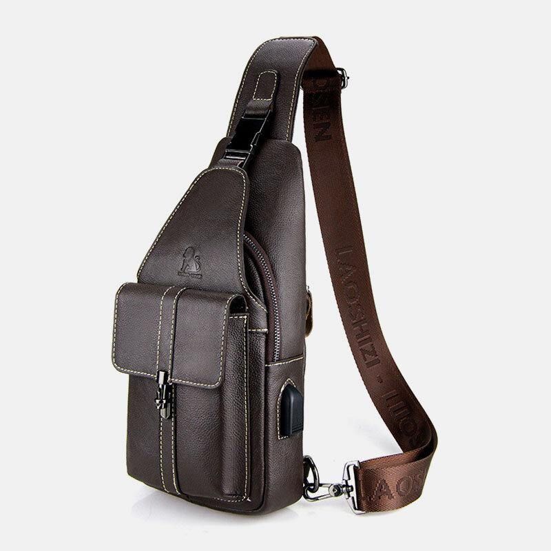 Miesten Aito Nahka Usb-Lataus Retro Casual Lehmännahkainen Rintalaukku Sling Bag Crossbody Laukku