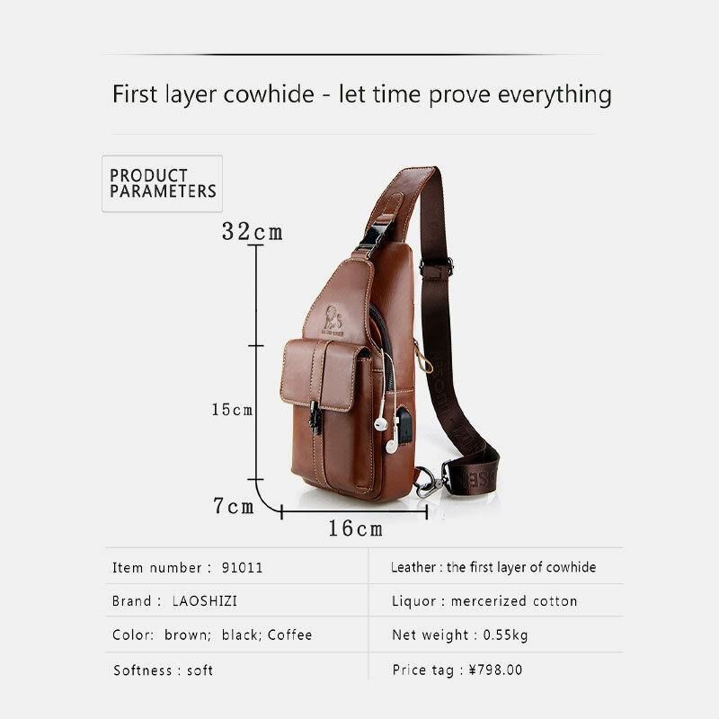 Miesten Aito Nahka Usb-Lataus Retro Casual Lehmännahkainen Rintalaukku Sling Bag Crossbody Laukku