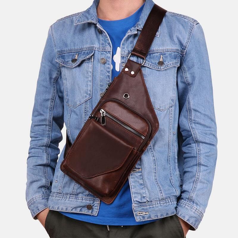 Miesten Aitoa Nahkaa Retro Business Nahkainen Rintalaukku Crossbody Laukku Jossa Kuulokeaukko