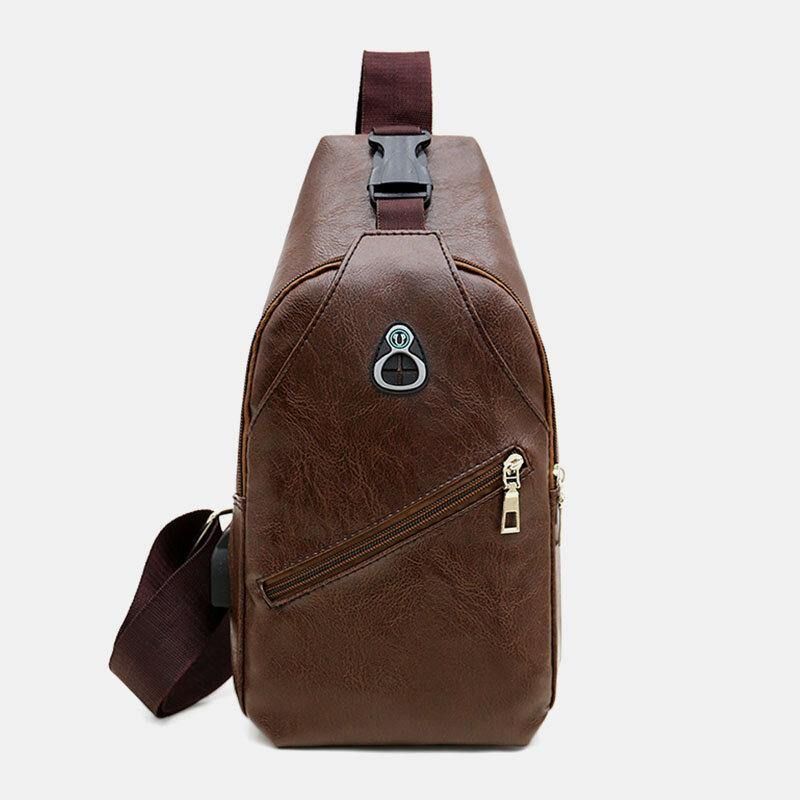 Miesten Keinonahkainen Usb-Latauskuulokkeet Travel Retro Business Rintalaukku Crossbody Bag