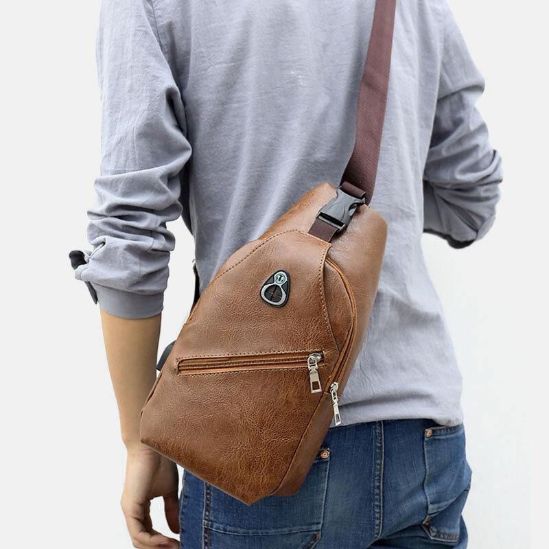 Miesten Keinonahkainen Usb-Latauskuulokkeet Travel Retro Business Rintalaukku Crossbody Bag