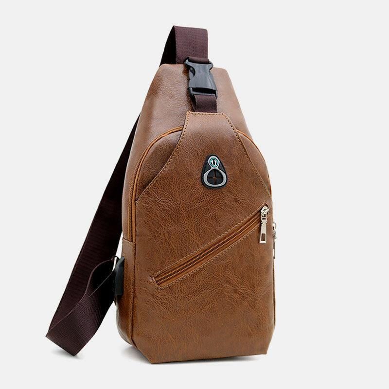 Miesten Keinonahkainen Usb-Latauskuulokkeet Travel Retro Business Rintalaukku Crossbody Bag