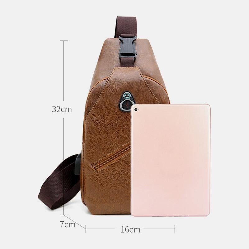 Miesten Keinonahkainen Usb-Latauskuulokkeet Travel Retro Business Rintalaukku Crossbody Bag