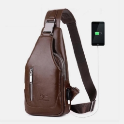 Miesten Pu-Nahkainen Business Casual Ulkokäyttöön Vedenpitävä Olkalaukku Crossbody Bag Rintalaukku Usb-Latauksella