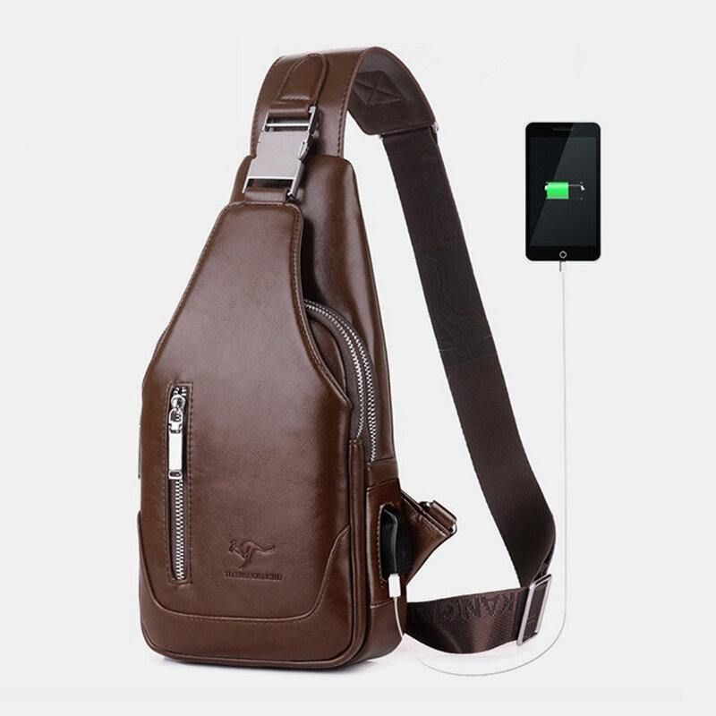 Miesten Pu-Nahkainen Business Casual Ulkokäyttöön Vedenpitävä Olkalaukku Crossbody Bag Rintalaukku Usb-Latauksella