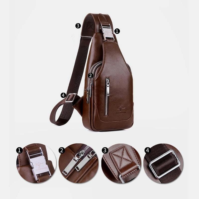 Miesten Pu-Nahkainen Business Casual Ulkokäyttöön Vedenpitävä Olkalaukku Crossbody Bag Rintalaukku Usb-Latauksella