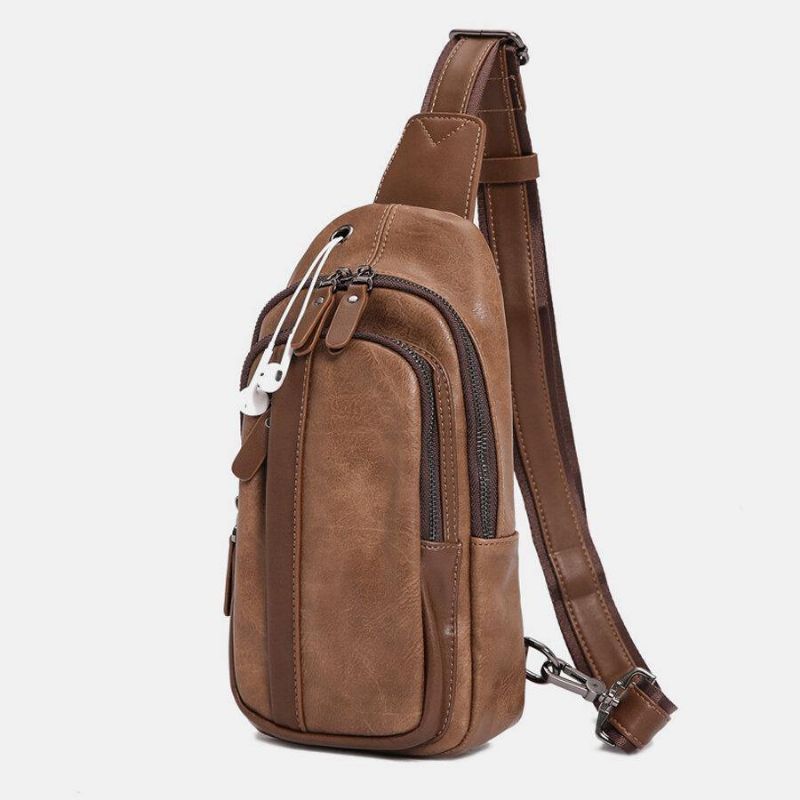 Miesten Pu-Nahkainen Monitaskuinen Kuulokeaukko Crossbody Bag Rintalaukku Sling Bag