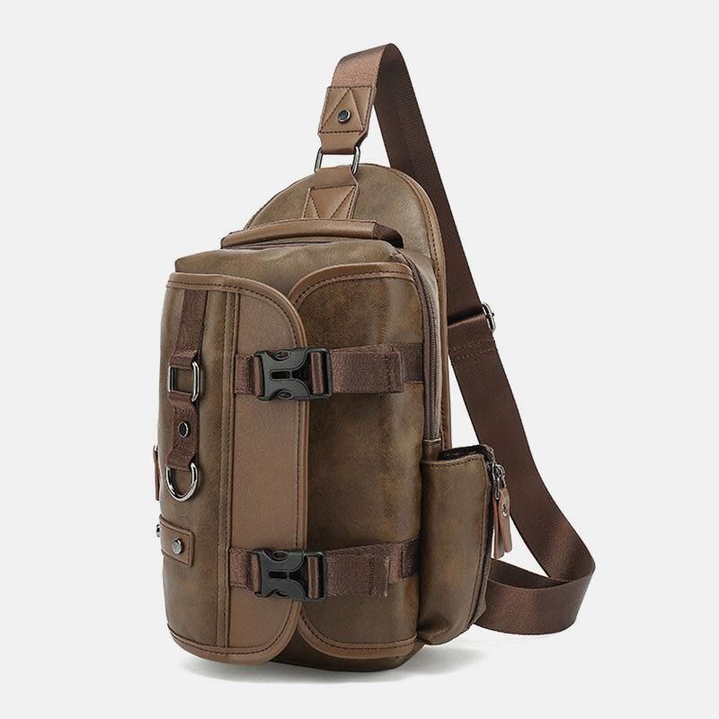 Miesten Pu-Nahkainen Vintage Monitoiminen Kuulokeaukko Usb-Latauslaukku Crossbody Bag Rintalaukku Sling Bag