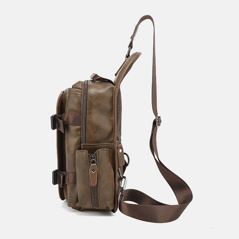 Miesten Pu-Nahkainen Vintage Monitoiminen Kuulokeaukko Usb-Latauslaukku Crossbody Bag Rintalaukku Sling Bag