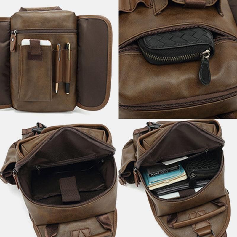 Miesten Pu-Nahkainen Vintage Monitoiminen Kuulokeaukko Usb-Latauslaukku Crossbody Bag Rintalaukku Sling Bag