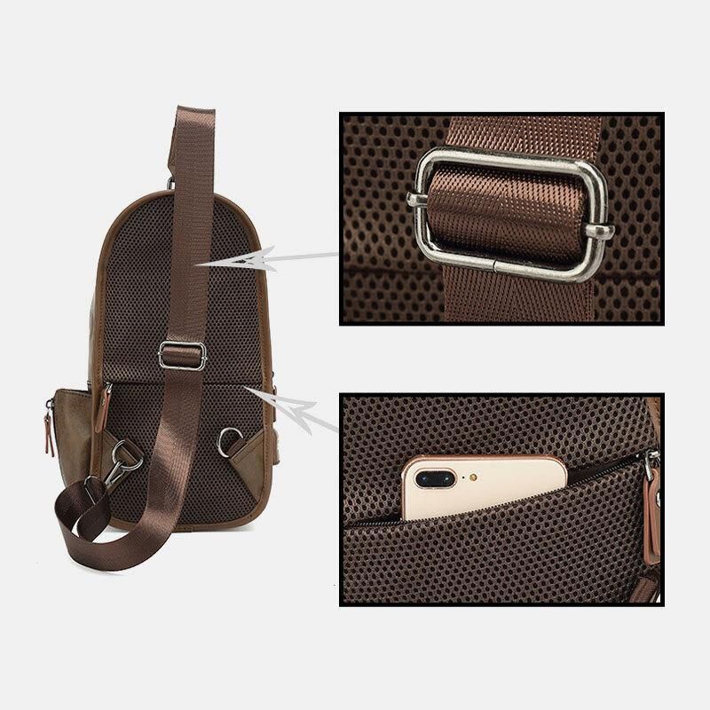 Miesten Pu-Nahkainen Vintage Monitoiminen Kuulokeaukko Usb-Latauslaukku Crossbody Bag Rintalaukku Sling Bag