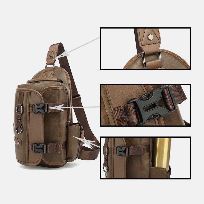 Miesten Pu-Nahkainen Vintage Monitoiminen Kuulokeaukko Usb-Latauslaukku Crossbody Bag Rintalaukku Sling Bag