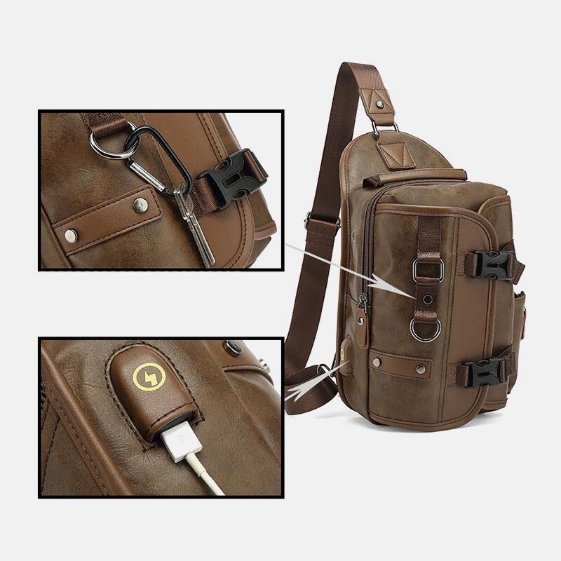 Miesten Pu-Nahkainen Vintage Monitoiminen Kuulokeaukko Usb-Latauslaukku Crossbody Bag Rintalaukku Sling Bag