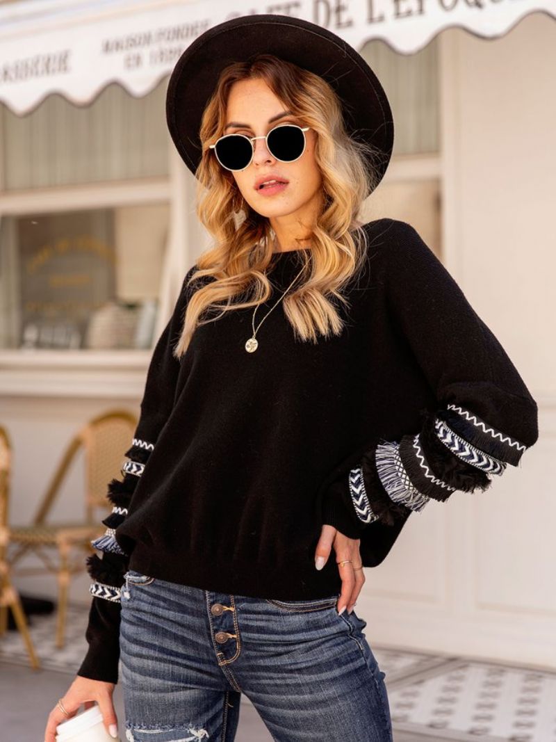 Naisten Crew Neck Fringed Tribal Casual Villapaita