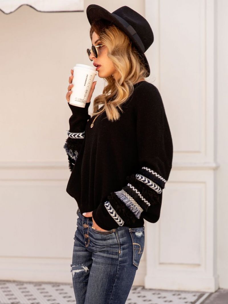 Naisten Crew Neck Fringed Tribal Casual Villapaita