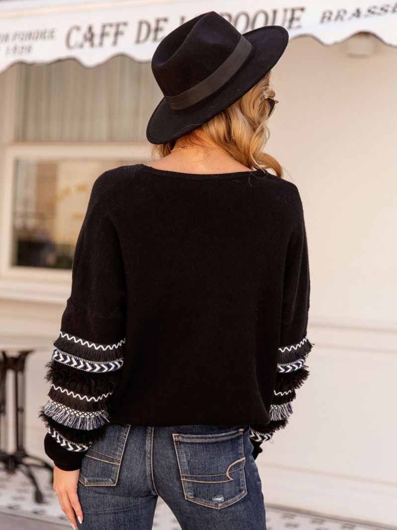 Naisten Crew Neck Fringed Tribal Casual Villapaita