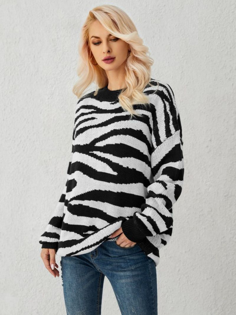 Valkoinen Zebra Knitted Casual Villapaita