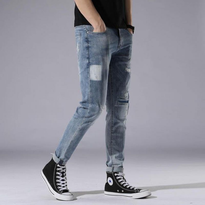 Vaaleansininen Hole Jeans Miesten Päivä Slim Stitching Patch Street Stretch Pants