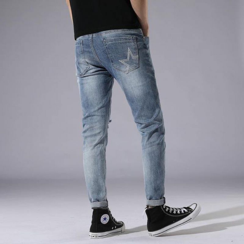 Vaaleansininen Hole Jeans Miesten Päivä Slim Stitching Patch Street Stretch Pants