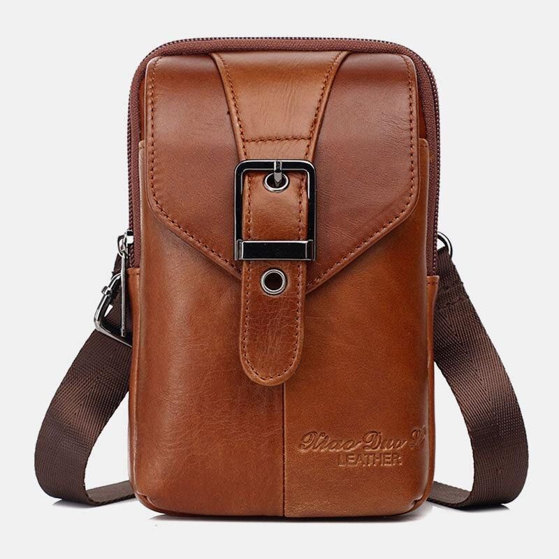 Miesten Aito Nahkainen Vintage Monitoiminen 6.5 Tuuman Minipuhelinlaukku Crossbody Laukku Vyötärölaukku Lehmännahkainen Laukku