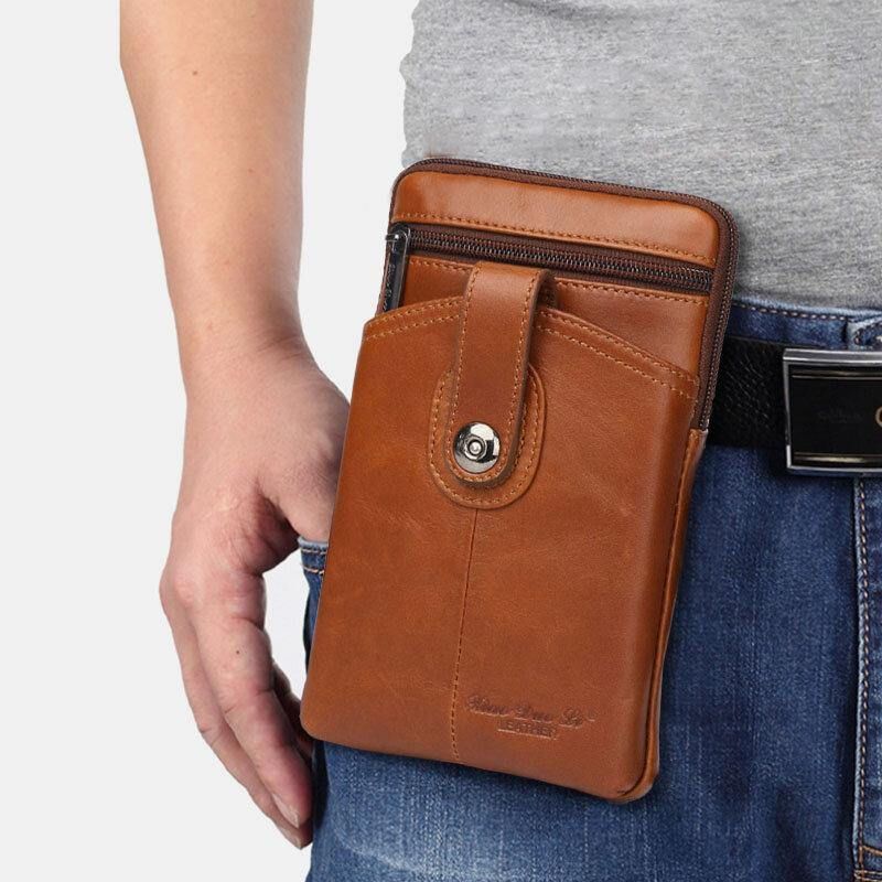 Miesten Aito Nahkainen Vintage Monitoiminen 6.5 Tuuman Vetoketjullinen Hasp-Puhelinlaukku Crossbody-Laukku Vyötärölaukku