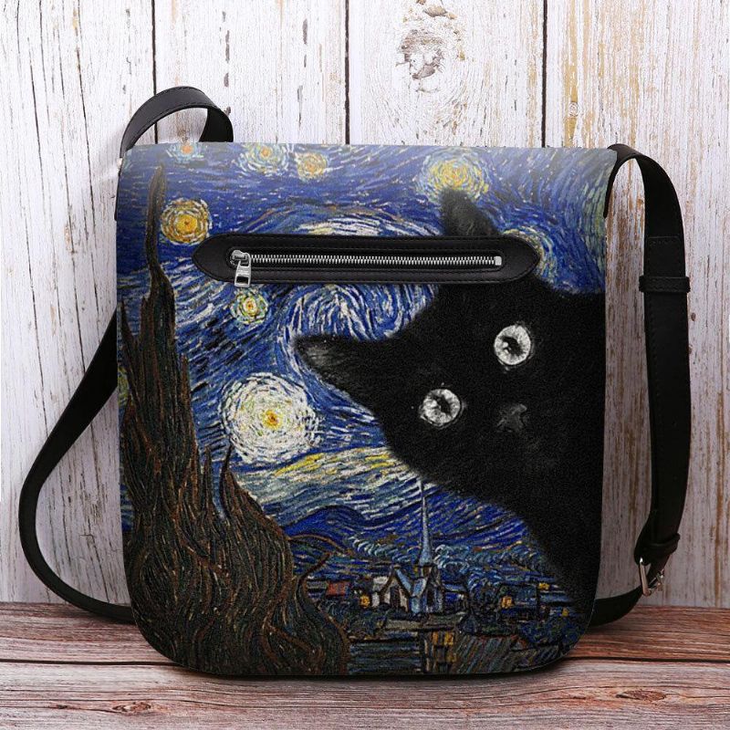 Naiset Tuntuvat Söpöltä Rento Sarjakuvakissakuvio Tähtikirkkaalla Yöllä Galaxy-Maalauksia Crossbody Laukku Olkalaukku