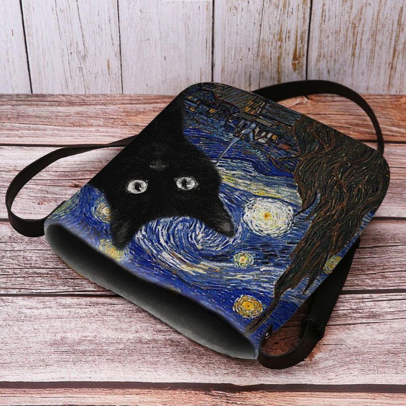 Naiset Tuntuvat Söpöltä Rento Sarjakuvakissakuvio Tähtikirkkaalla Yöllä Galaxy-Maalauksia Crossbody Laukku Olkalaukku