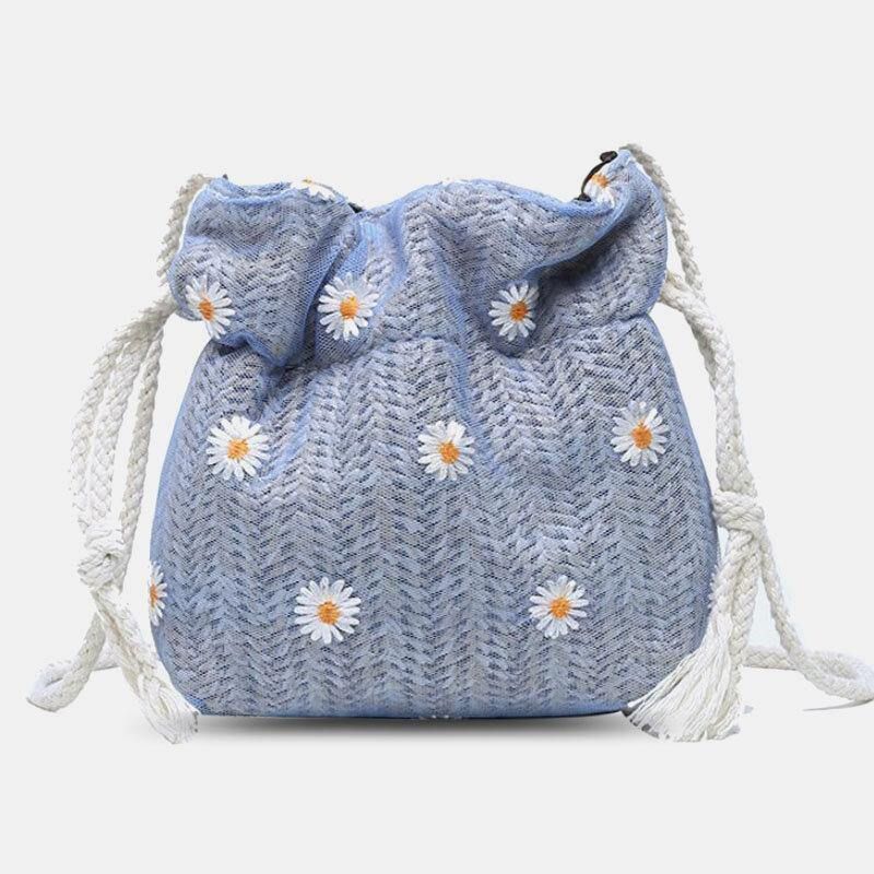 Naisten Olki Daisy Auringonkukkakuvioprintti Rento String Pitsilaukku Rantalaukku Bucket Bag Crossbody Bag Käsilaukku