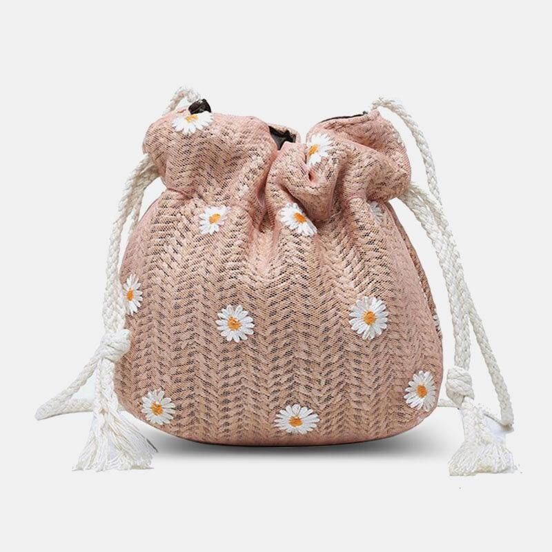 Naisten Olki Daisy Auringonkukkakuvioprintti Rento String Pitsilaukku Rantalaukku Bucket Bag Crossbody Bag Käsilaukku