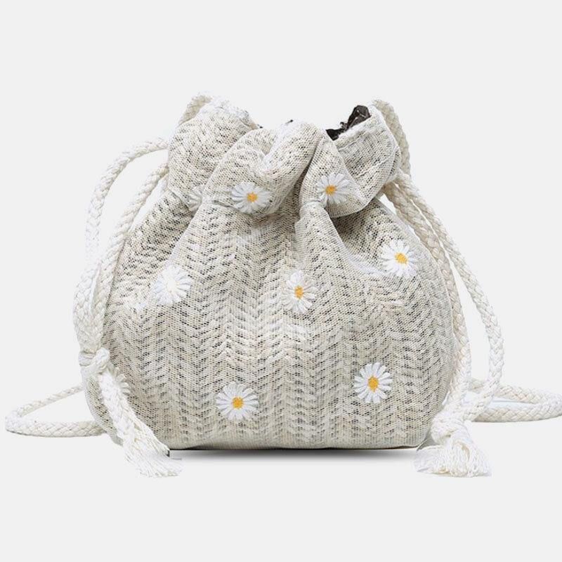 Naisten Olki Daisy Auringonkukkakuvioprintti Rento String Pitsilaukku Rantalaukku Bucket Bag Crossbody Bag Käsilaukku