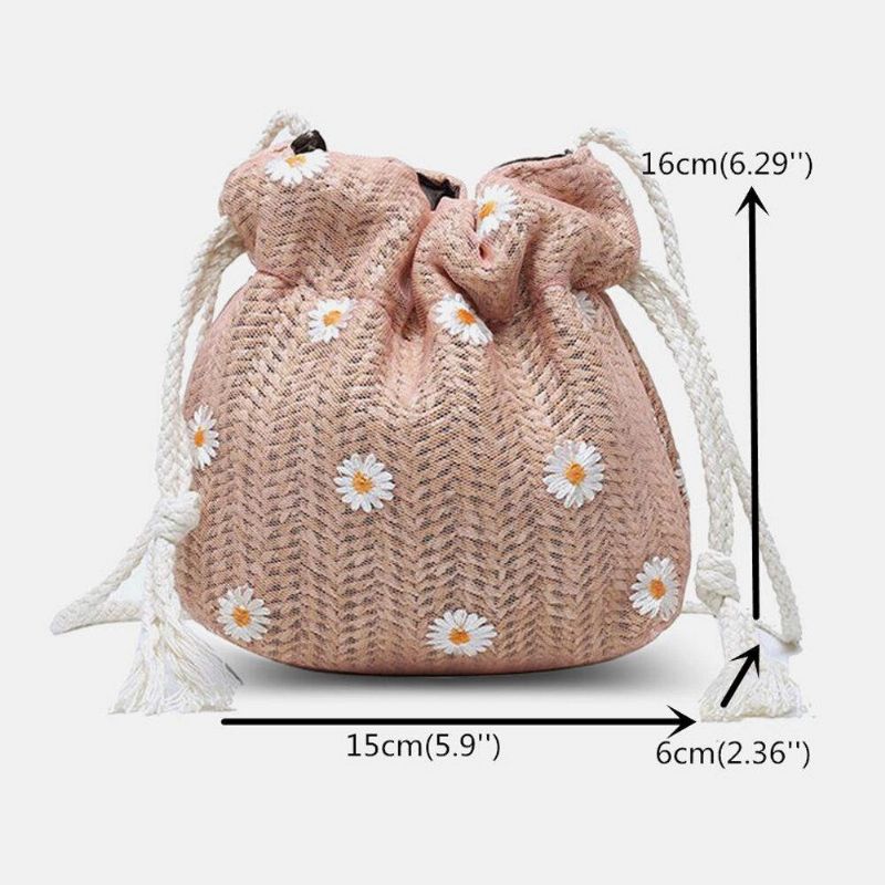 Naisten Olki Daisy Auringonkukkakuvioprintti Rento String Pitsilaukku Rantalaukku Bucket Bag Crossbody Bag Käsilaukku