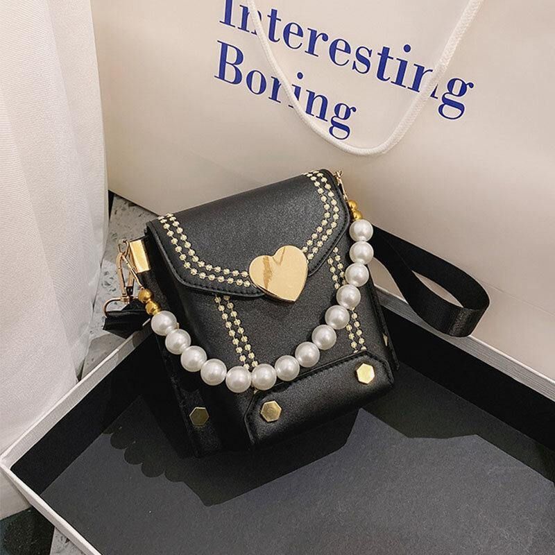 Naisten Pu-Nahka Sydämen Muotoinen Hasp Pearl Chain Käsilaukku Olkalaukku Crossbody Laukut